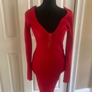Windsor Red Ribbed Sweater MIDI Dress NWT L